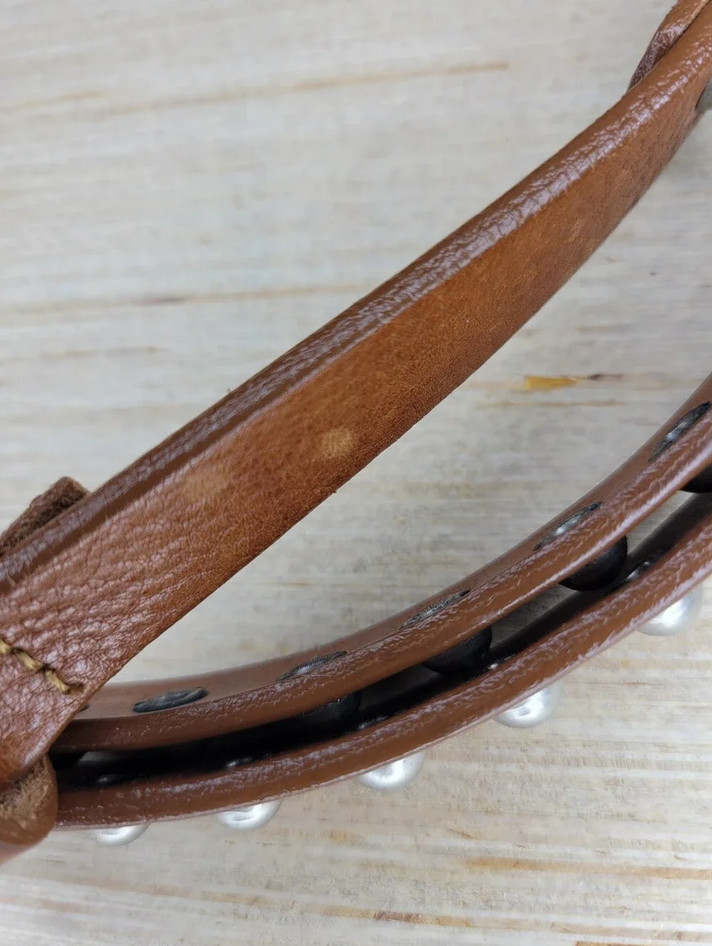 Cobalt Brown Italian Leather Double Layer Skinny Metal Studded Belt M/L